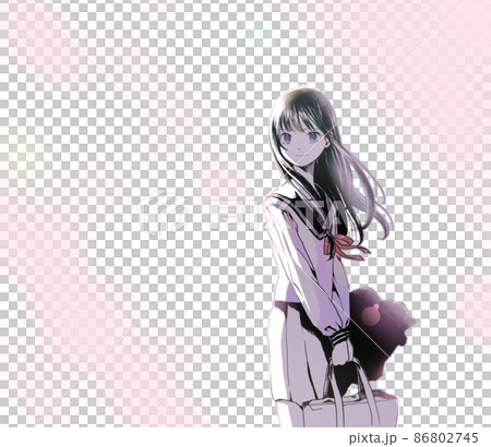 黒髪ロングでセーラー服の女学生影色のみ背景あり笑顔 86802745