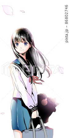 黒髪ロングでセーラー服の女学生カラー背景桜のみ笑顔人物単体 86802746