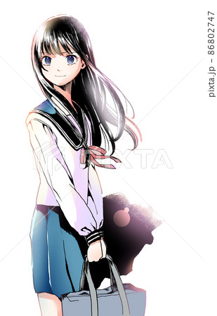 黒髪ロングでセーラー服の女学生カラー背景桜なし笑顔人物単体 86802747