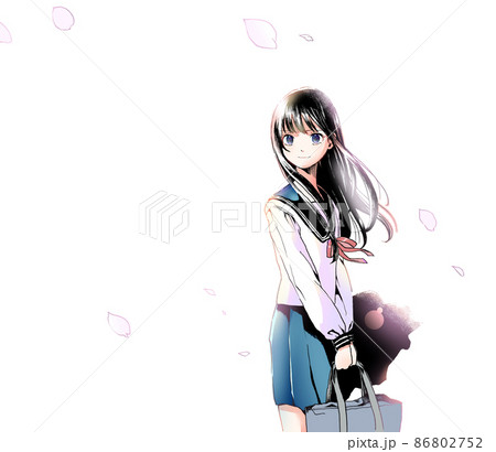 黒髪ロングでセーラー服の女学生カラー背景桜のみ笑顔 黒髪ロングでセーラー服の女学生カラー背景桜のみ笑顔 86802752