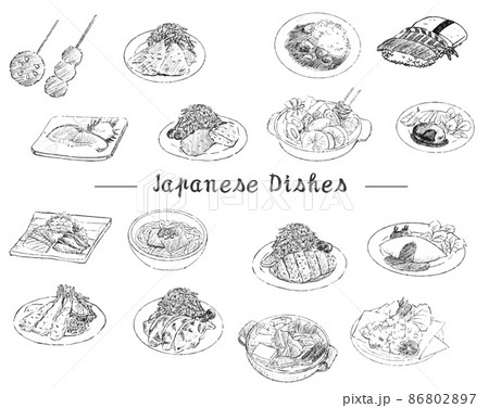日本食 定食 イラスト 線画のイラスト素材