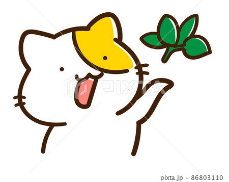 バジルを持つかわいいねこのキャラクターの手書き風イラストのイラスト素材