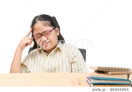 Girl students had a huge headache after finishing their online classes isolated 86804064