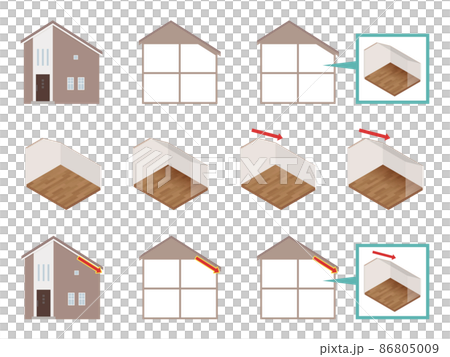 母屋下がりの家のイラスト素材セット_外観と部屋_茶色 母屋下がりの家のイラスト素材セット_外観と部屋_茶色 86805009
