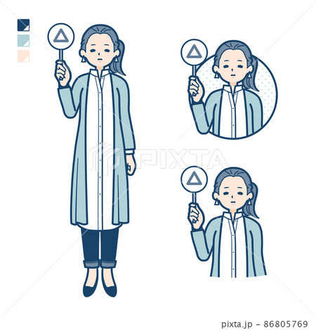 ロングシャツを着た女性が三角印パネルを出すイラスト 86805769