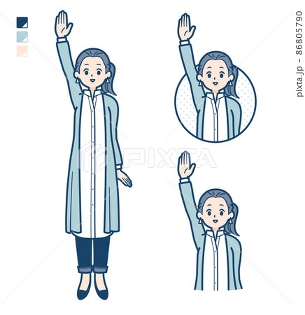 ロングシャツを着た女性が手を挙げているイラスト 86805790