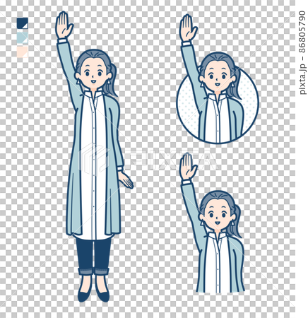 ロングシャツを着た女性が手を挙げているイラスト 86805790