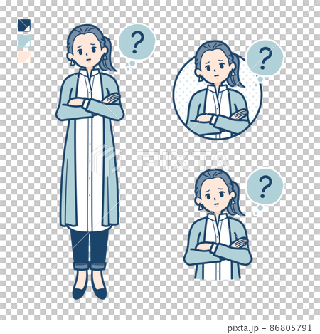 Illustration of a woman in a long shirt wondering 86805791