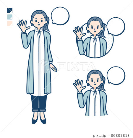 ロングシャツを着た女性が挨拶をしているイラストのイラスト素材