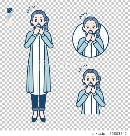 Illustration of a woman in a long shirt holding her mouth and being surprised 86805842