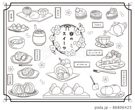 桜といちごのスイーツイラストの線画 86806425