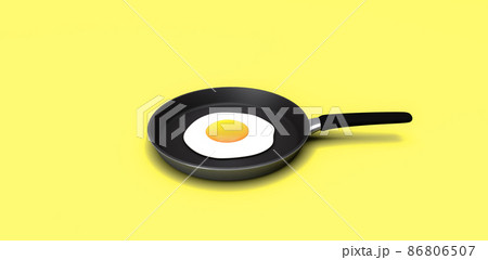 3d rendering, Realistic mock up of fried egg on kitchen pan, side view shot, blank empty space for copy, isolated on yellow background. 86806507
