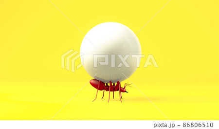 3d rendering, Close up realistic red ant lifting the white candy ball with blank empty space for your copy, isolated yellow background. 86806510