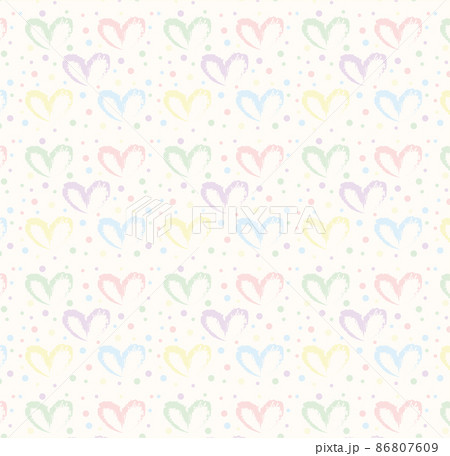 Seamless pattern of hand drawn hearts in pastel rainbow colors on beige and neutral background 86807609