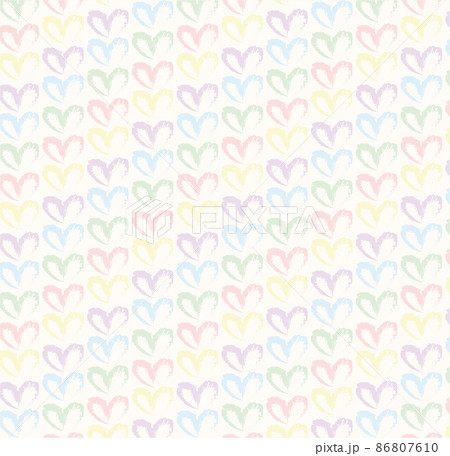 Seamless pattern of hand drawn hearts in pastel rainbow colors on beige and neutral background 86807610