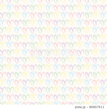 Seamless pattern of hand drawn hearts in pastel rainbow colors on beige and neutral background 86807611