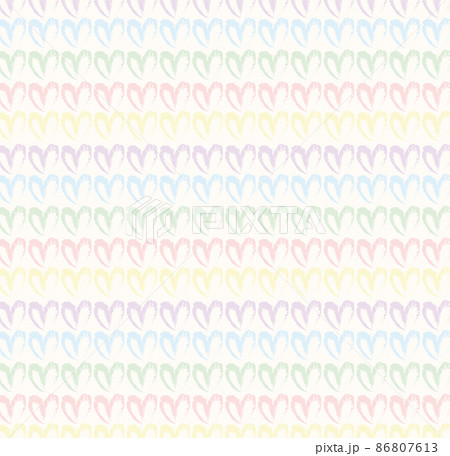 Seamless pattern of hand drawn hearts in pastel rainbow colors on beige and neutral background 86807613