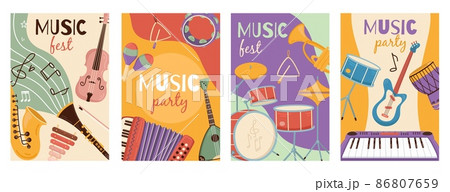 Musical instruments cards. Festivals and party posters with different orchestral tools, funny design posters. Strings, percussion and percussion. Modern and ethnic music banners vector set Musical instruments cards. Festivals and party posters with different orchestral tools, funny design posters. Strings, percussion and percussion. Modern and ethnic music banners vector set 86807659