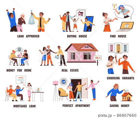 Mortgage credit people. Real estate agents and potential home buyers, apartment purchase, loan approved, couple choosing house on online service, family savings for home, vector set 86807660