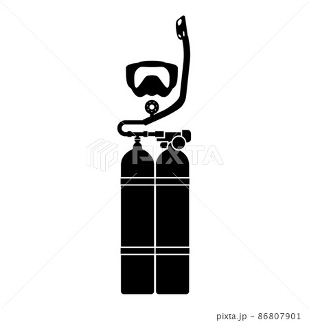 Set of skin-diver scuba diver mask snorkel aqualung dive tank cylinders balloon diving gear icon black color vector illustration image flat style Set of skin-diver scuba diver mask snorkel aqualung dive tank cylinders balloon diving gear icon black color vector illustration image flat style 86807901
