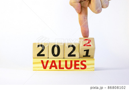 Symbol of planning 2022 values new year. Businessman turns a wooden cube and changes words 'values 2021' to 'values 2022'. Beautiful white background, copy space. Business, 2022 values concept. 86808102
