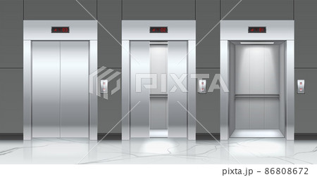 Realistic elevators and entrance doors. Metal passenger lifts. Slightly, opened and closed doorways. Building hallway interior. Marble floor and tiled wall. Vector lobby cabin gates set 86808672