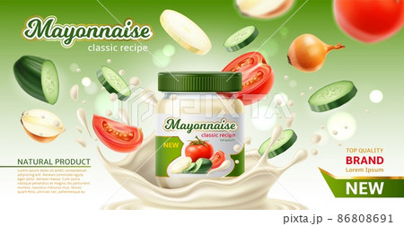 Mayonnaise poster. Realistic mayo jar with flying vegetables. Salad dressing. Tomato cucumber or onion pieces. Sauce advertising banner for branding. Pot and cream splash. Vector concept 86808691