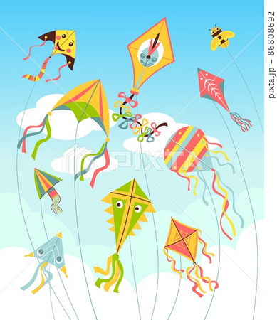 Kites in sky. Bright air toys in clouds, color flying controlled objects on strings, different design bee and smiling faces, hobby and outdoor activity background, vector concept 86808692