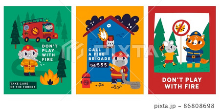 Firefighters cards. Kids warning posters, cute animals in fire uniform, forest conservation, red truck with funny moose driver, bonfire in forest, safety regulations, vector set 86808698