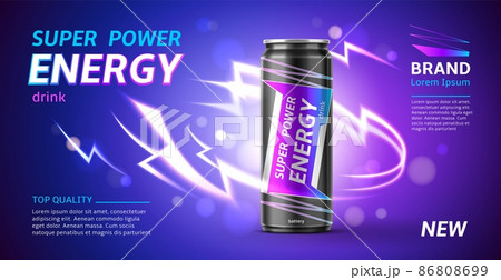 Energy drink banner. 3D realistic aluminium can with super power beverage. Shining lightning. Dark backdrop with light flashes. Package design for branding. Vector advertising poster Energy drink banner. 3D realistic aluminium can with super power beverage. Shining lightning. Dark backdrop with light flashes. Package design for branding. Vector advertising poster 86808699