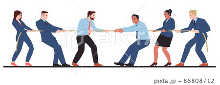 Business competition tug of war. People in office clothes pulling on opposite rope ends. Men and women mixed teams. Competitive game. Corporate rivalry and conflict. Vector concept 86808712