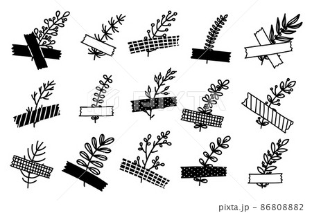 Doodle floral elements for bullet journal. Leaves sealed with tape Doodle floral elements for bullet journal. Leaves sealed with tape 86808882