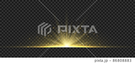 Golden glowing light. Gold glow flash with sparcle. Vector sunrise effect. Realistic shiny beam set 86808883