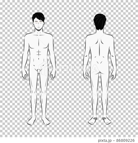 Image illustration of a naked white background of the whole body for beauty and manipulative treatment of a young Asian man with a pen touch like handwriting 86809226
