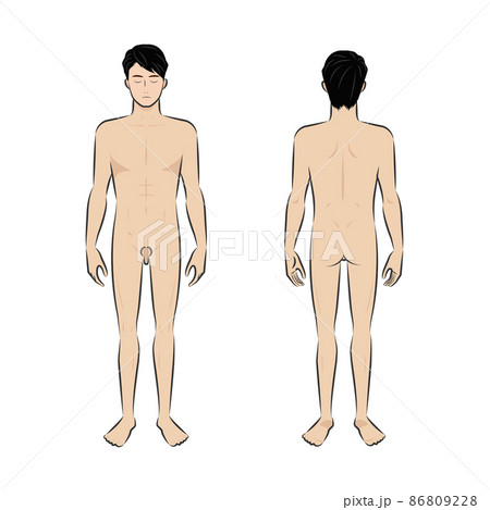 手書き風なでペンタッチの若いアジア人男性の美容や整体向けの全身の裸の白バックのイメージイラスト図 86809228