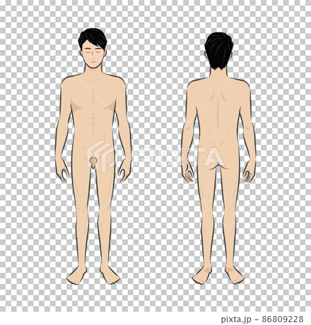 用筆觸如筆跡對亞洲年輕男子進行美容和操縱治療的全身裸白色背景的圖像插圖 86809228