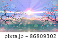 Beautiful sakura branches with pink flowers over blue sky, sunset and green water, island with mountains. Wonderful Japanese landscape with nature, asian artwork in vector. 86809302