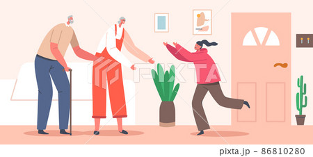 Kid Visit Granny Concept, Happy Grandparents Meet Granddaughter Character. Girl Run to Embrace Relatives Kid Visit Granny Concept, Happy Grandparents Meet Granddaughter Character. Girl Run to Embrace Relatives 86810280