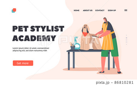 Animals Care Salon Landing Page Template. Friendly Hairdresser Female Character Provide Grooming Service, Combing Dog Animals Care Salon Landing Page Template. Friendly Hairdresser Female Character Provide Grooming Service, Combing Dog 86810281
