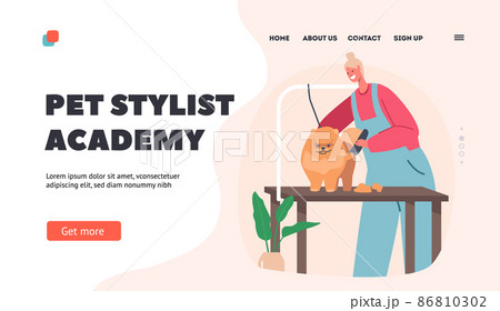 Pet Stylist Academy Landing Page Template. Hairdresser Female Character Trimming Cute Spitz Dog at Groomer Salon 86810302