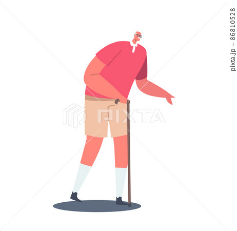 Senior Male Character with Walking Cane Isolated on White Background. Elderly Man Lifestyle, Old Smiling Gentleman 86810528