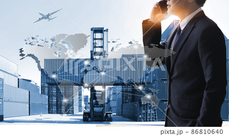 The world logistics background or transportation Industry or shipping business and Container Cargo shipment and truck delivery and airplane , import export Concept The world logistics background or transportation Industry or shipping business and Container Cargo shipment and truck delivery and airplane , import export Concept 86810640