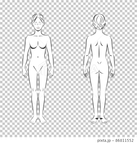 一個裸體亞洲年輕女性的筆觸全身白色背景的圖像插圖 86811552