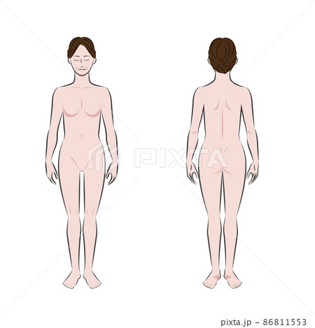 全裸の中年アジア人女性の筆タッチの全身の白バックのカラーのイメージイラスト図 86811553
