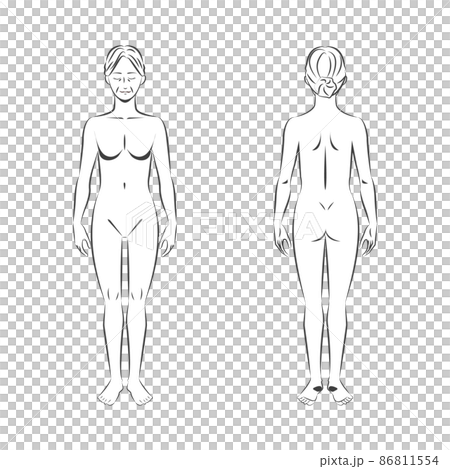 全裸の中年アジア人女性の筆タッチの全身の白バックのカラーのイメージイラスト図 86811554