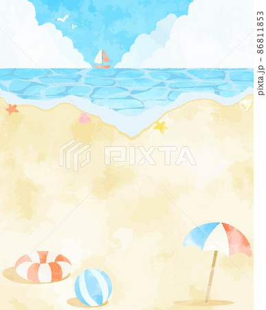 夏をイメージした優しい水彩のビーチのイラストのイラスト素材