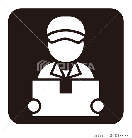 段ボール箱を持つ配達員のシンプルな白抜き角丸正方形アイコン 段ボール箱を持つ配達員のシンプルな白抜き角丸正方形アイコン 86813378