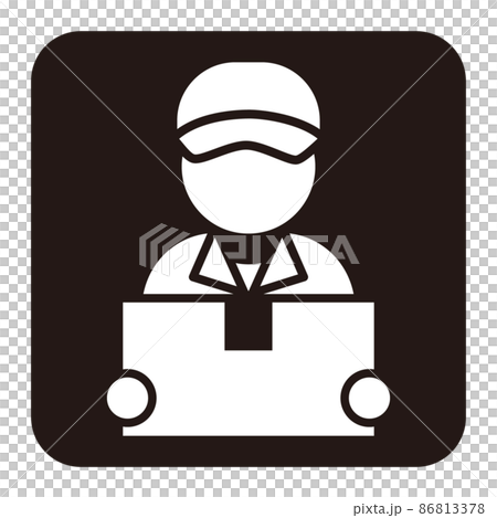 段ボール箱を持つ配達員のシンプルな白抜き角丸正方形アイコン 段ボール箱を持つ配達員のシンプルな白抜き角丸正方形アイコン 86813378