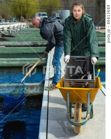 Male and female fish farm workers Male and female fish farm workers 86813689