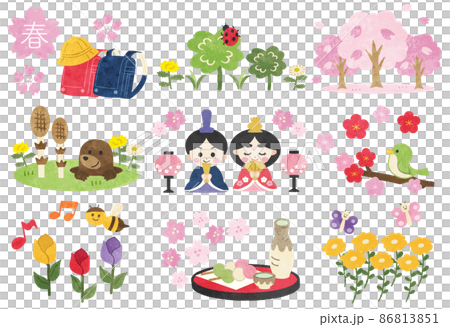 Spring hand-drawn style illustration material set with lines 86813851